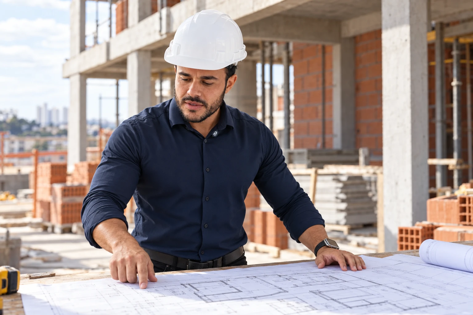Engenheiro Marcos analisando o projeto na obra